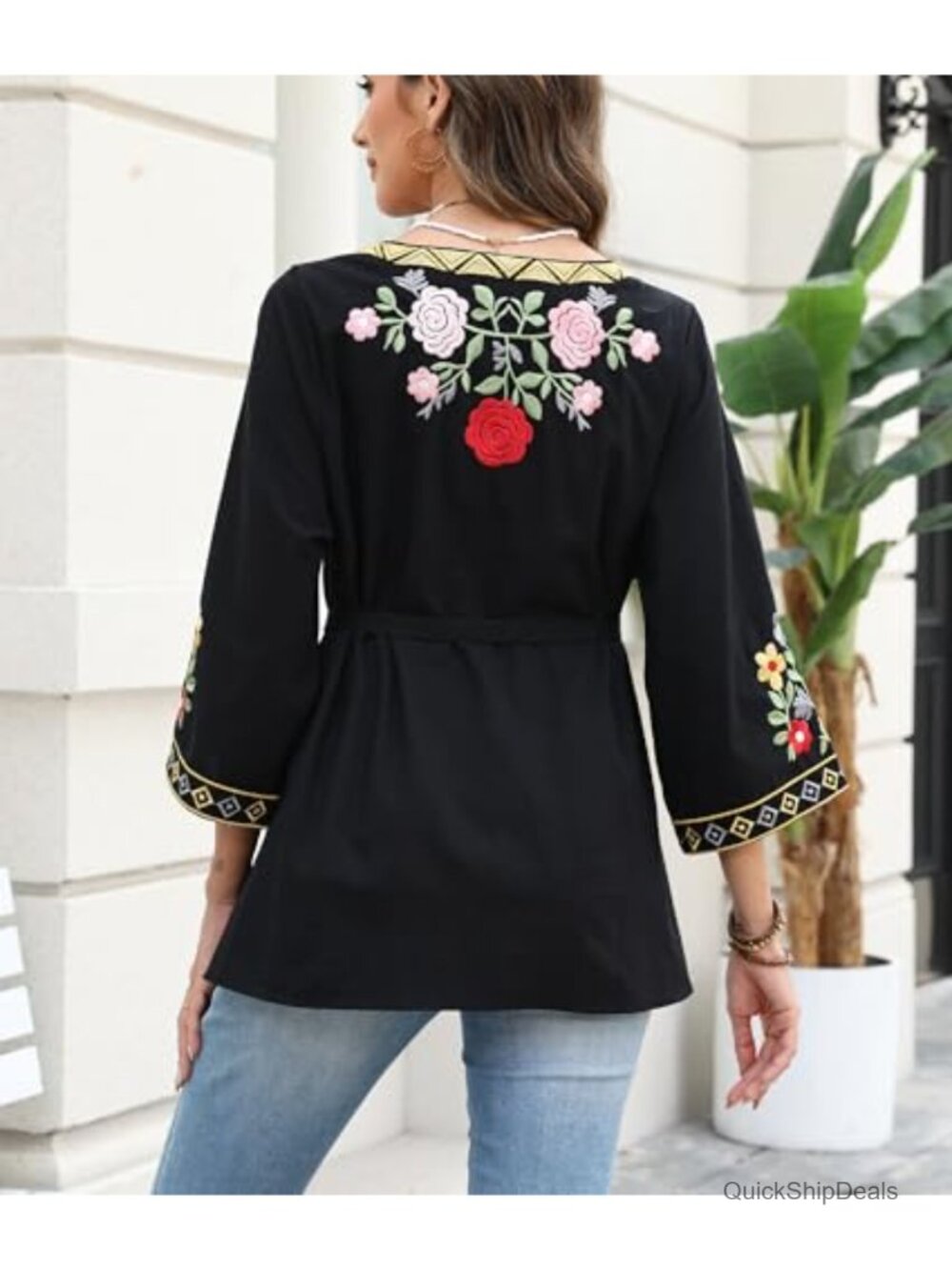 Women's Mexican Embroidered Boho Tunic Top 3/4 Sleeve Peasant Blouse Cotton - Picture 5 of 6